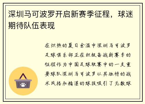 深圳马可波罗开启新赛季征程，球迷期待队伍表现