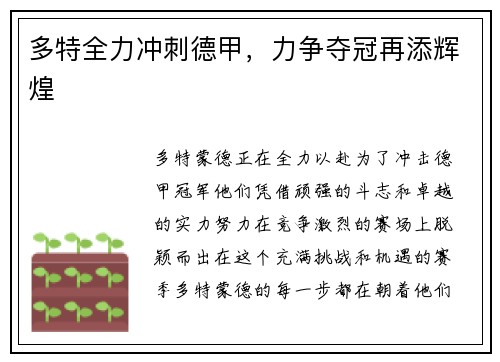多特全力冲刺德甲，力争夺冠再添辉煌