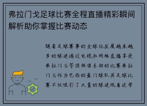 弗拉门戈足球比赛全程直播精彩瞬间解析助你掌握比赛动态